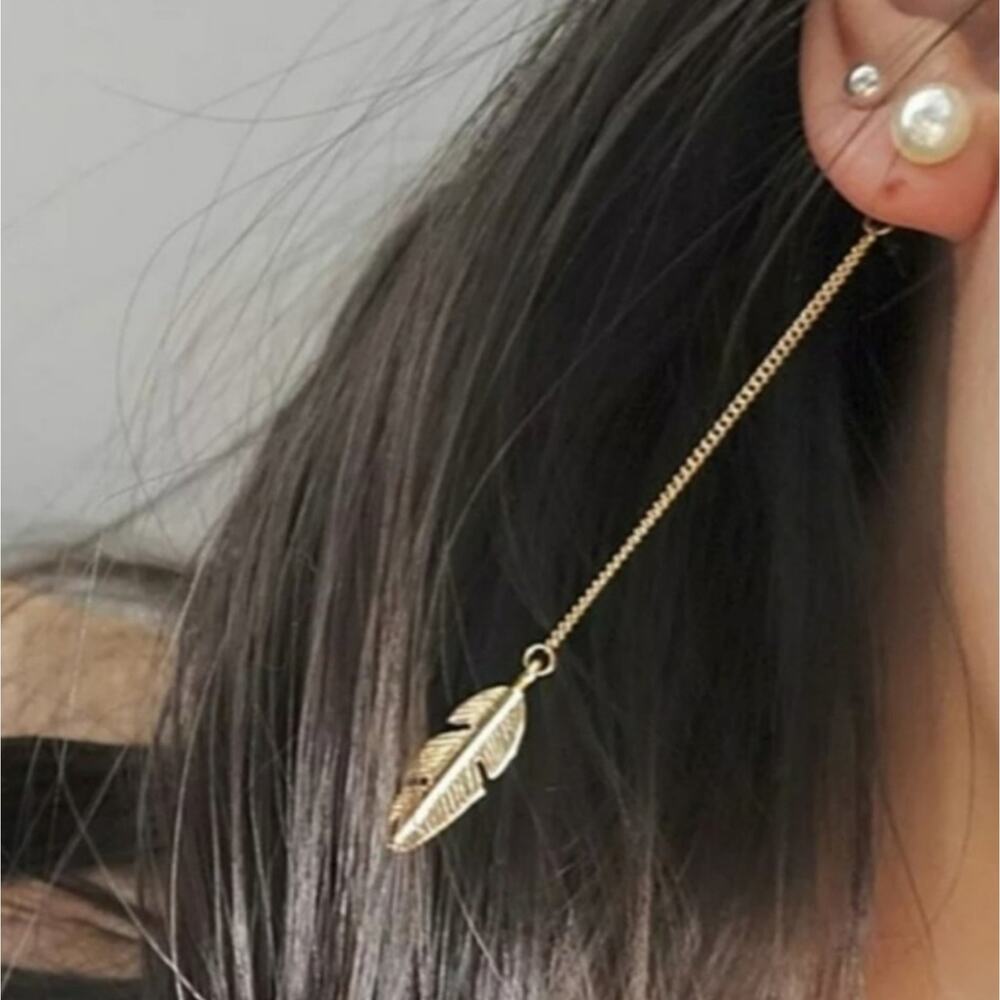 Gold Feather Pearl Earrings Boho Dangle Statement Earrings Festival Jewelry